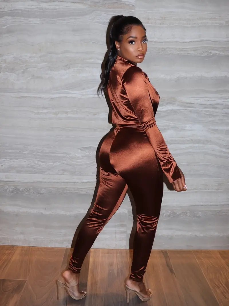 Deep V Neck Long Sleeve Jumpsuit & Casual Pants Set Aurexia off