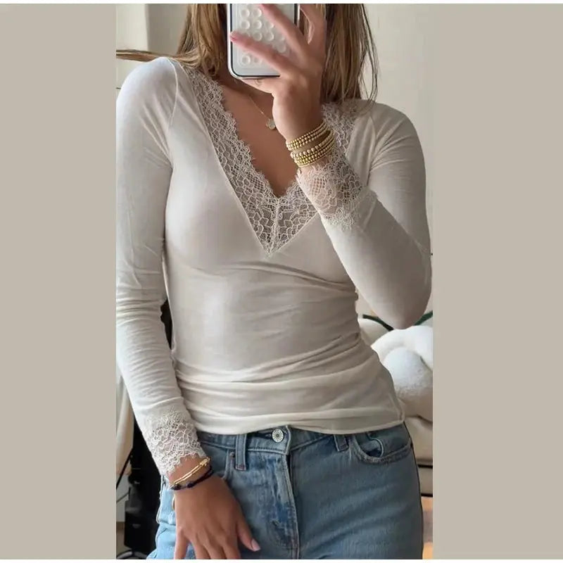 2026 Spring/Autumn Lady Fashion Inner Wear Casual V Neck Lace Trim Top Women's Solid Full Sleeve Underwear Shirt for Layering Aurexia off