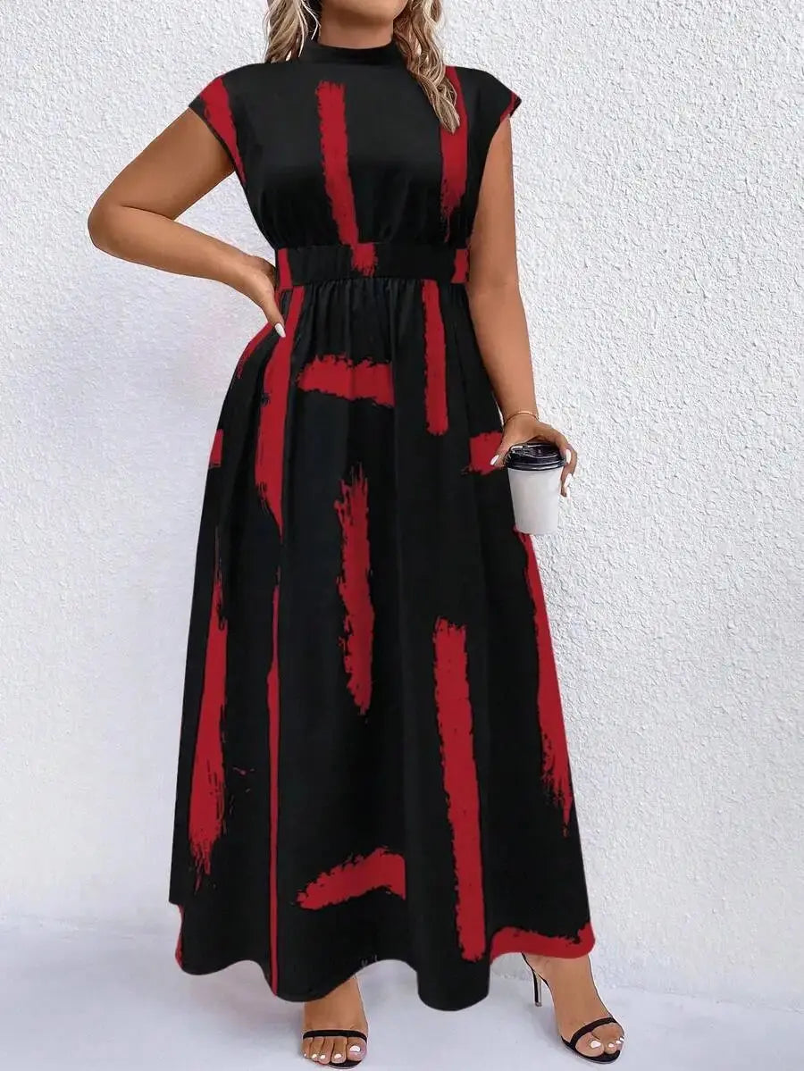 Black And Camel Abstract Print Mock Neck Maxi Dress For Women Aurexia off