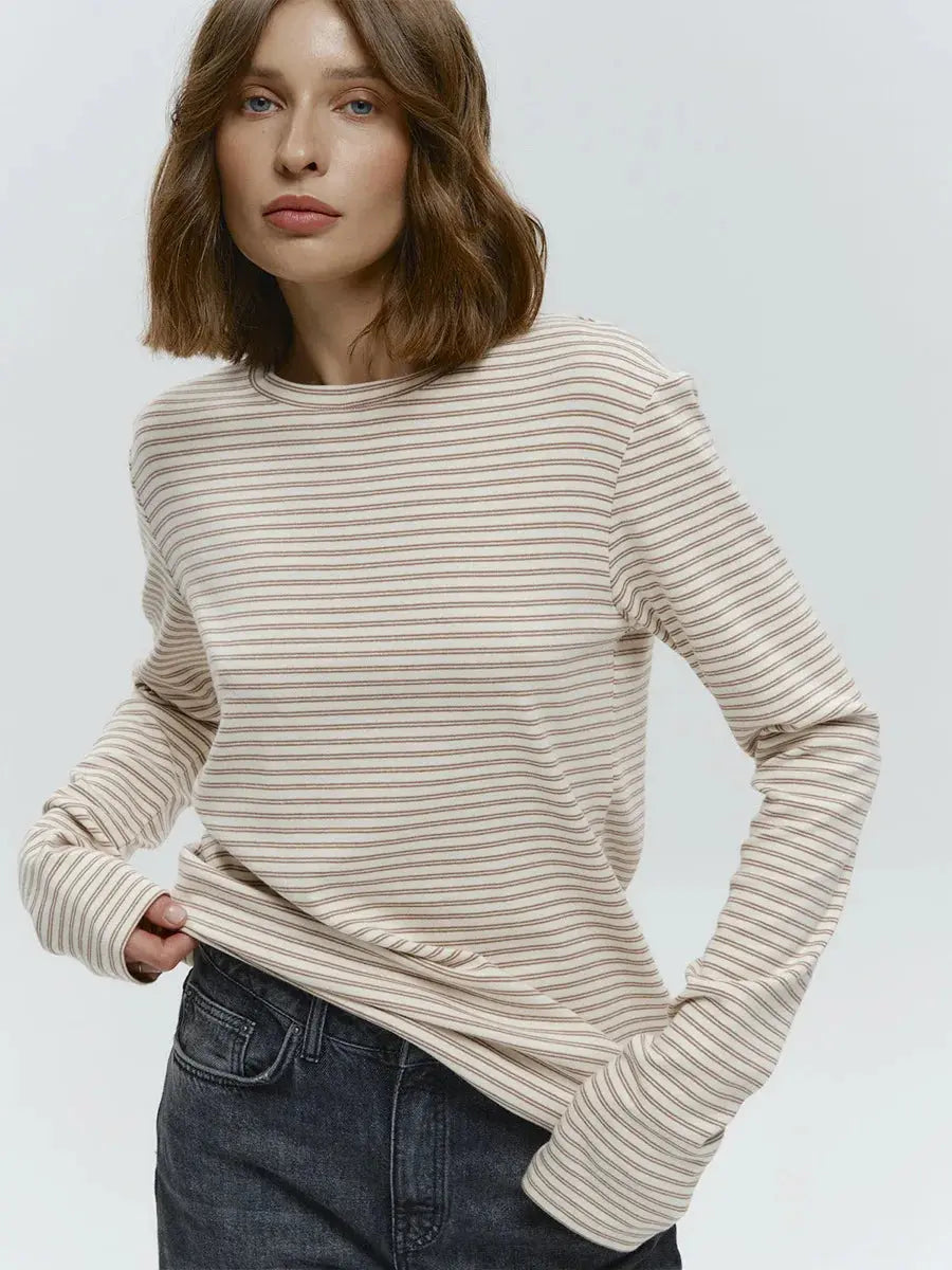 Bornladies Autumn New Fashion Women Cotton Striped Long Sleeve T Shirt Office Casual Simple Round Neck Pullover Tops & Tees Aurexia off