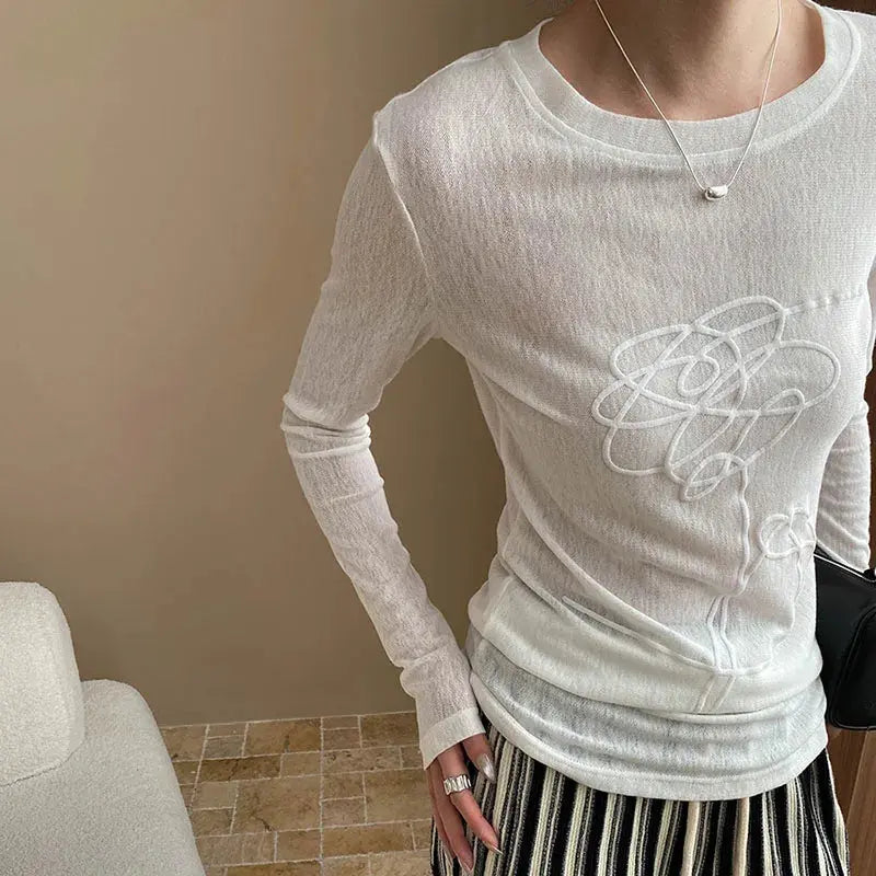 Women T-shirt Round Neck Three-dimensional Printed Pattern Slightly Transparent Solid Color Simple Versatile Long Sleeved Top Aurexia off