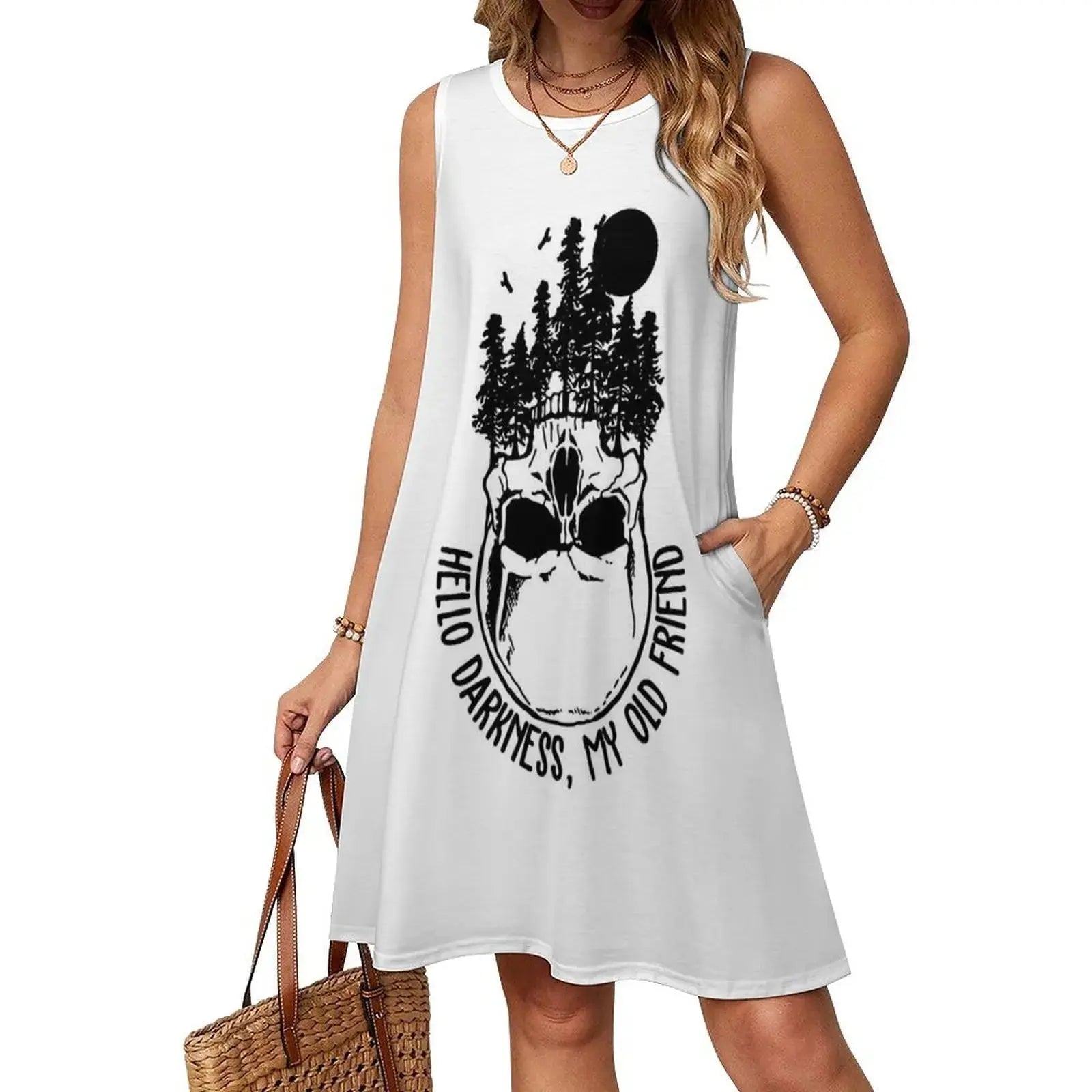 Hello Darkness My Old Friend Skull Vintage Sweetheart Neckline Dress Elegant Summer Party Dress For Women Hello Darkness My Old Aurexia off