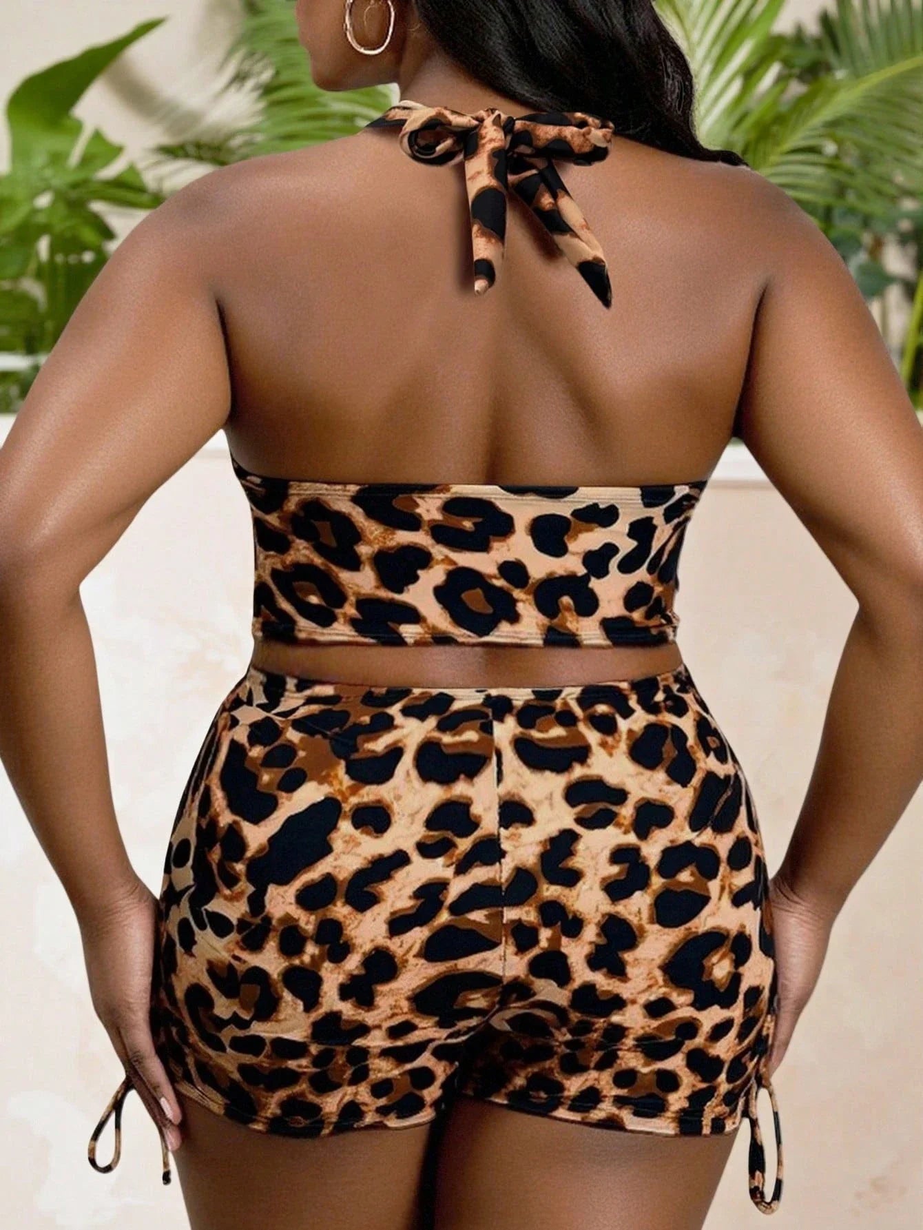 Plus Size Leopard Print Two Piece Swim Set With Deep V Halter Top, Ruched Drawstring Waist And High Waisted Shorts Aurexia off