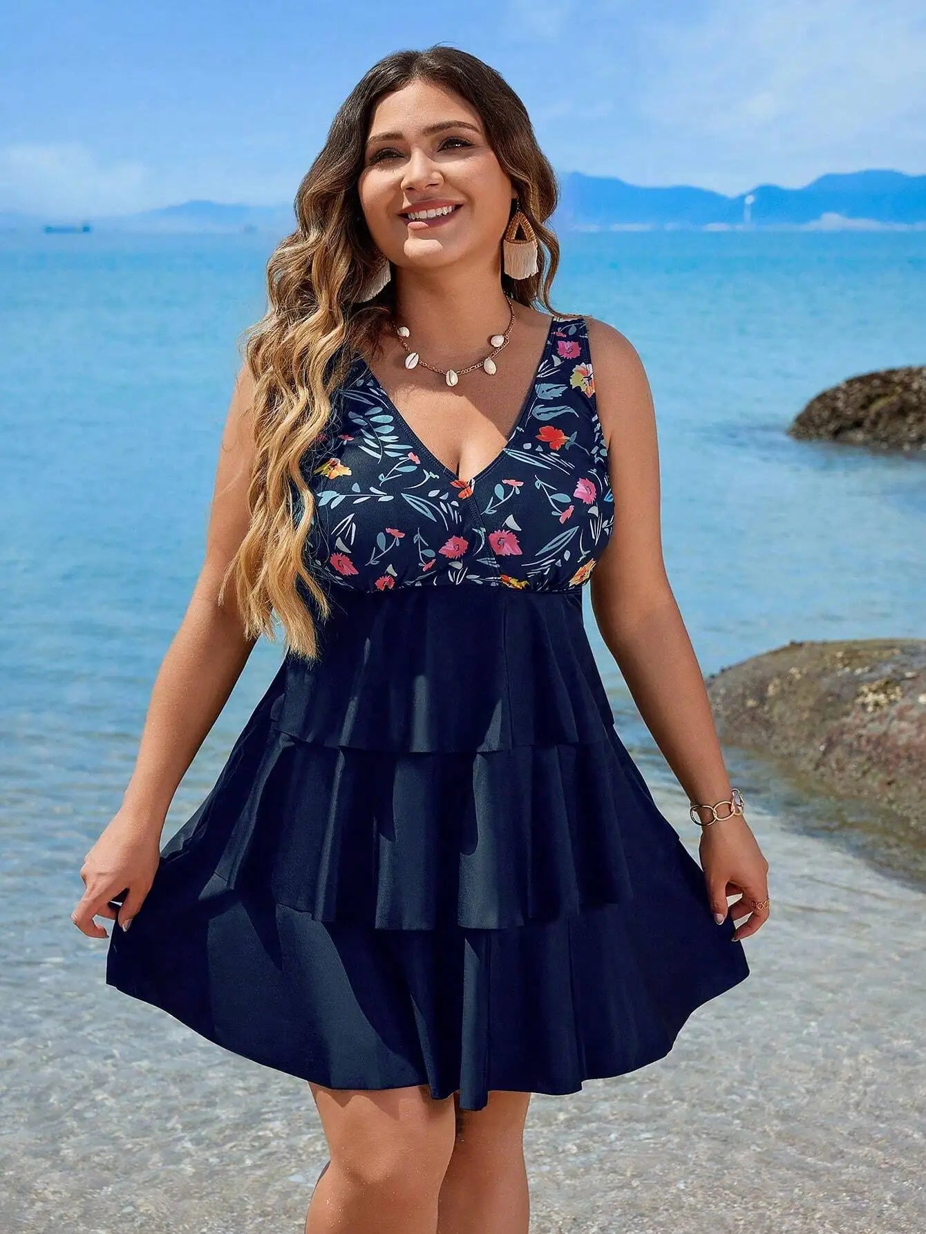 Plus Size Women Floral Print Sleeveless Tankini Swimsuit For Beach Vacation Aurexia off
