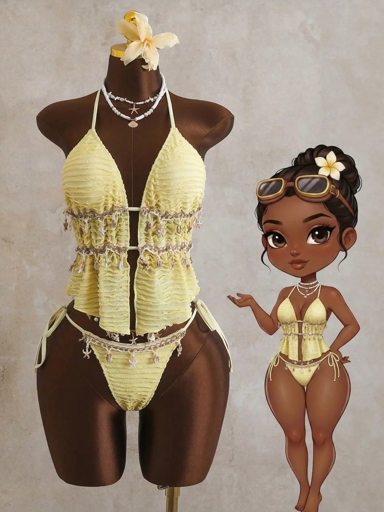 Cream Lace Halter Neck Tankini Set With Beaded Detail And Tie Side Bottoms Aurexia off
