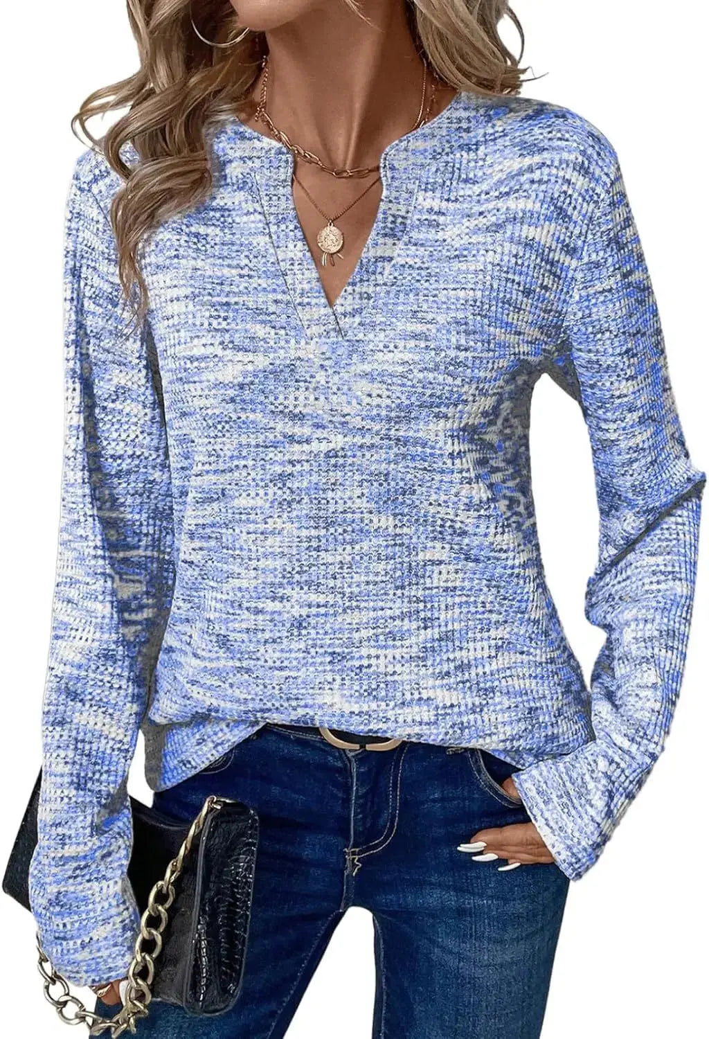 New Womens Notched V-Neck Long Sleeve Space Dye Waffle Knit Blouse Casual Loose Fit Top for Daily Wear Aurexia off