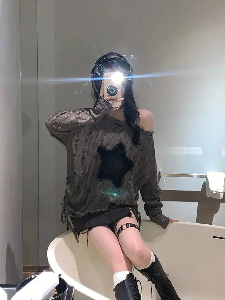 Fashion Streetwear Kpop Pullover Tops Hole Star Loose Y2K T-Shirt for Women O-Neck Drawstring Long Sleeve Top Aurexia off