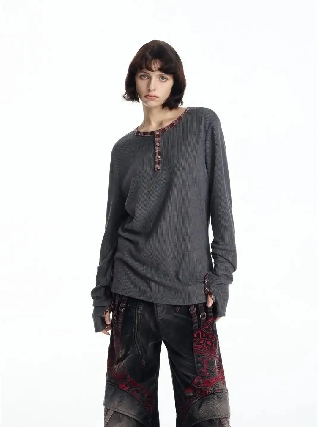 Gothic waffle long-sleeved henley shirt with checkered edging and back print T-shirt, Y2K street style Aurexia off