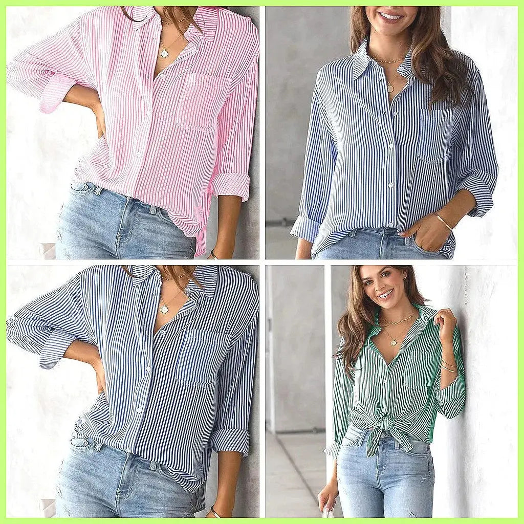 2025 New Striped Oversized Cotton Top, Elegant Lapel Long Sleeve Loose Casual Blouse for Women Aurexia off