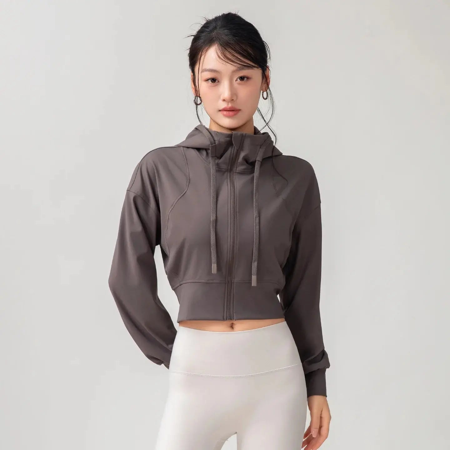 Women's Solid Color Casual Stand Collar Hooded Sports Yoga Top Leisure Simple Slim Long Sleeves Zipper Short Top Aurexia off