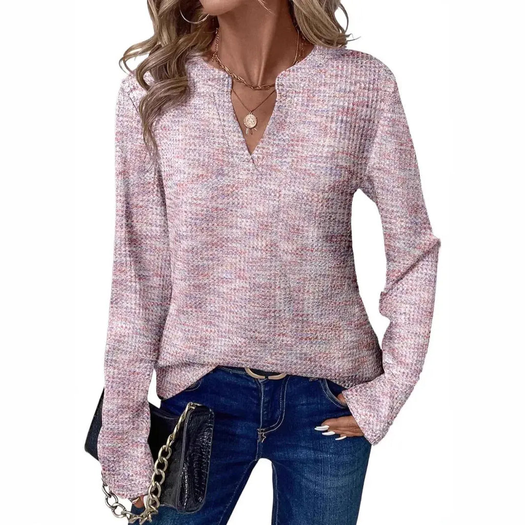 New Womens Notched V-Neck Long Sleeve Space Dye Waffle Knit Blouse Casual Loose Fit Top for Daily Wear Aurexia off