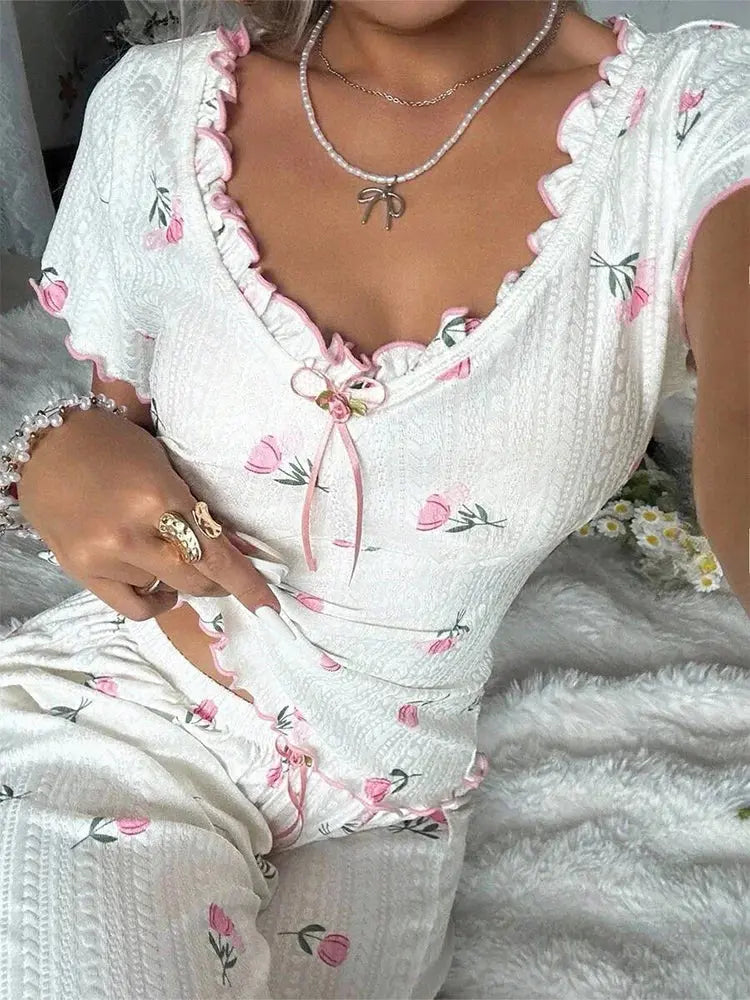 Summer Y2K Sweet Tulip Print Ruffle V Neck Tie Pajama Set Women Short Sleeve Top & Wide Leg Pants Casual Loungewear Sleepwear Aurexia off