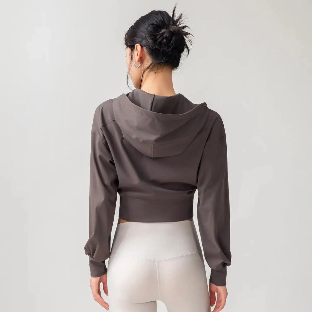 Women's Solid Color Casual Stand Collar Hooded Sports Yoga Top Leisure Simple Slim Long Sleeves Zipper Short Top Aurexia off