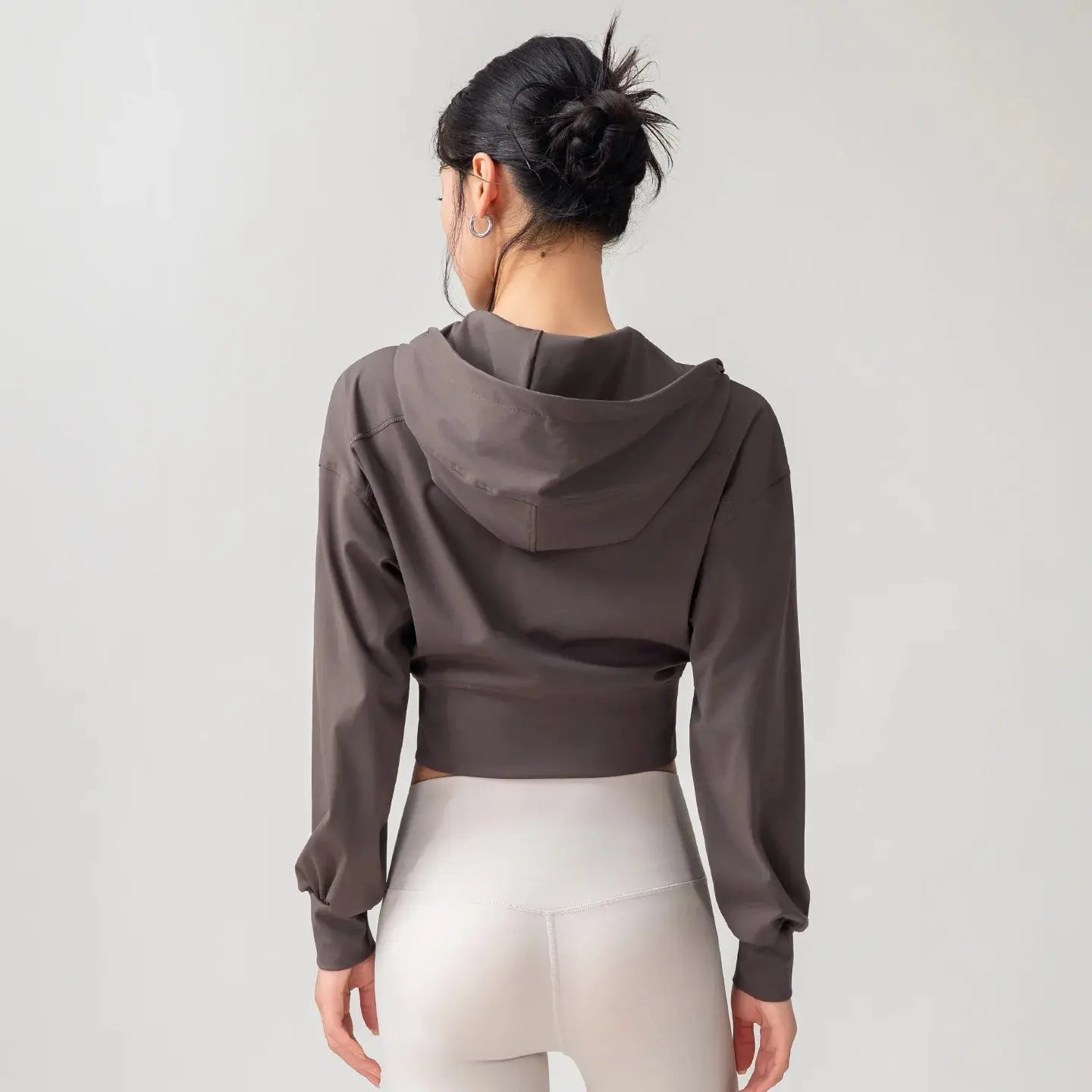 Women's Solid Color Casual Stand Collar Hooded Sports Yoga Top Leisure Simple Slim Long Sleeves Zipper Short Top Aurexia off