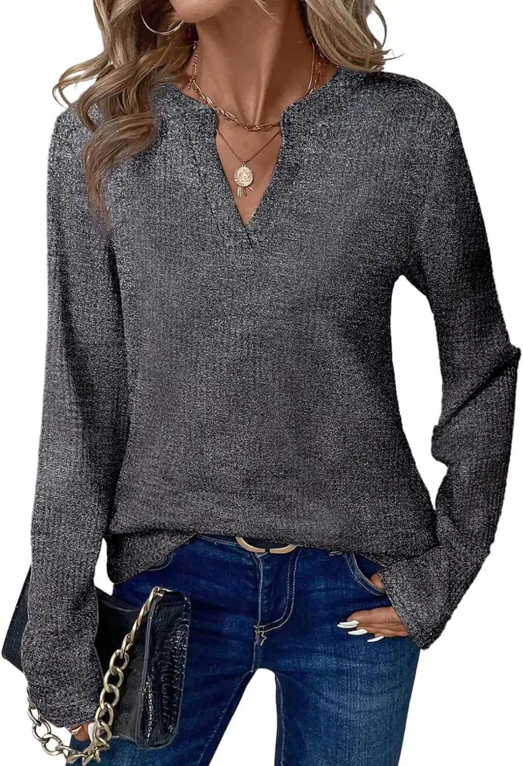 New Womens Notched V-Neck Long Sleeve Space Dye Waffle Knit Blouse Casual Loose Fit Top for Daily Wear Aurexia off