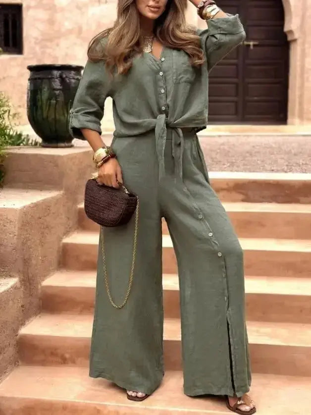 2026 Women's Solid Color Long-Sleeved Pocket Button Top and Wide-Leg Pants 2-Piece Set Aurexia off