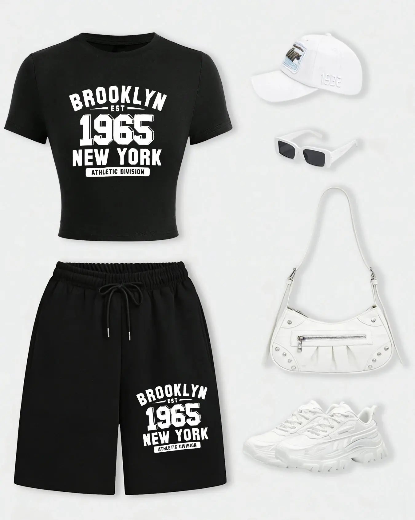 New York City Brooklyn 1965 Print Woman T-Shirt Suits Slim Cotton Crop T Shirt Summer Wide-Leg Shorts Drawstring Pocket Pant Aurexia off