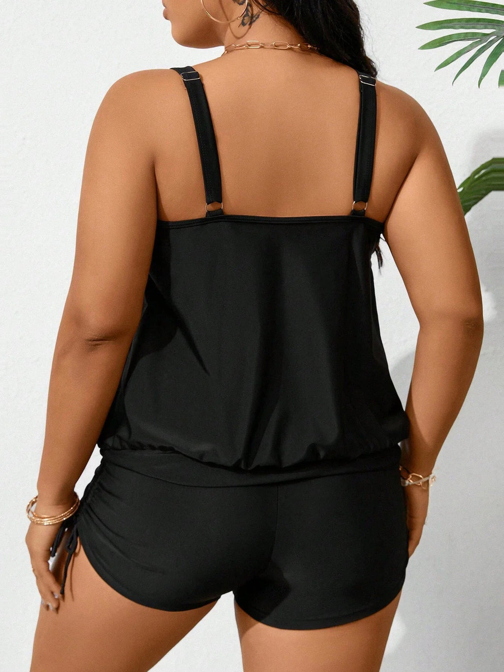 Plus Size Summer Beach Solid Sleeveless Ruched Tankini Set Aurexia off