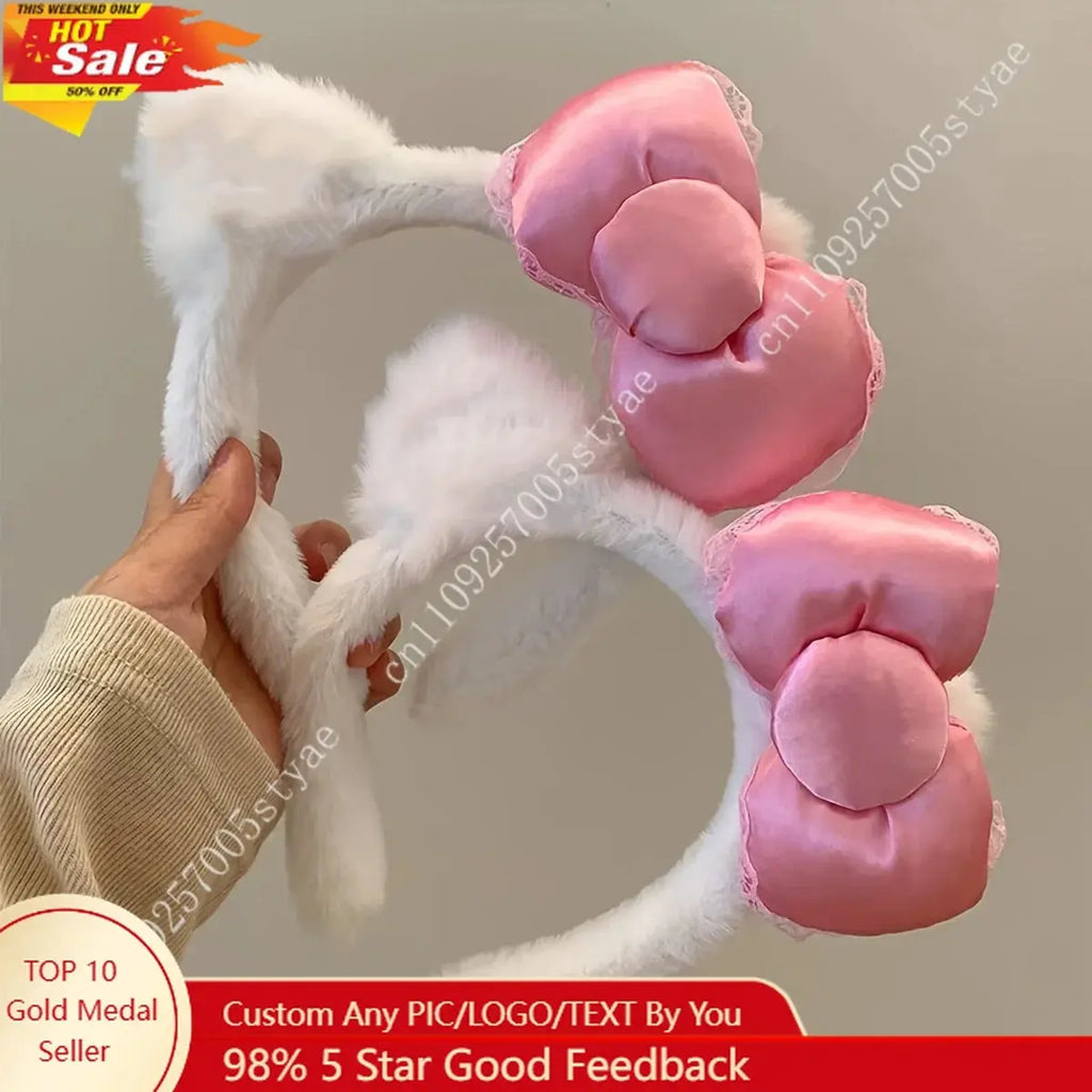 Hello Kitty Pink Bow Plush Headband  Women'S Cute and Comfortable Hair Accessory Suitable for Face Washing and Decoration Aurexia off