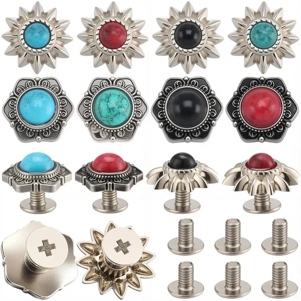 24 Sets 8 Styles Western Screw Back Buttons 13mm Conchos Turquoise Cowboy Vintage Flower Decorative Leather Buckles Natural Aurexia off