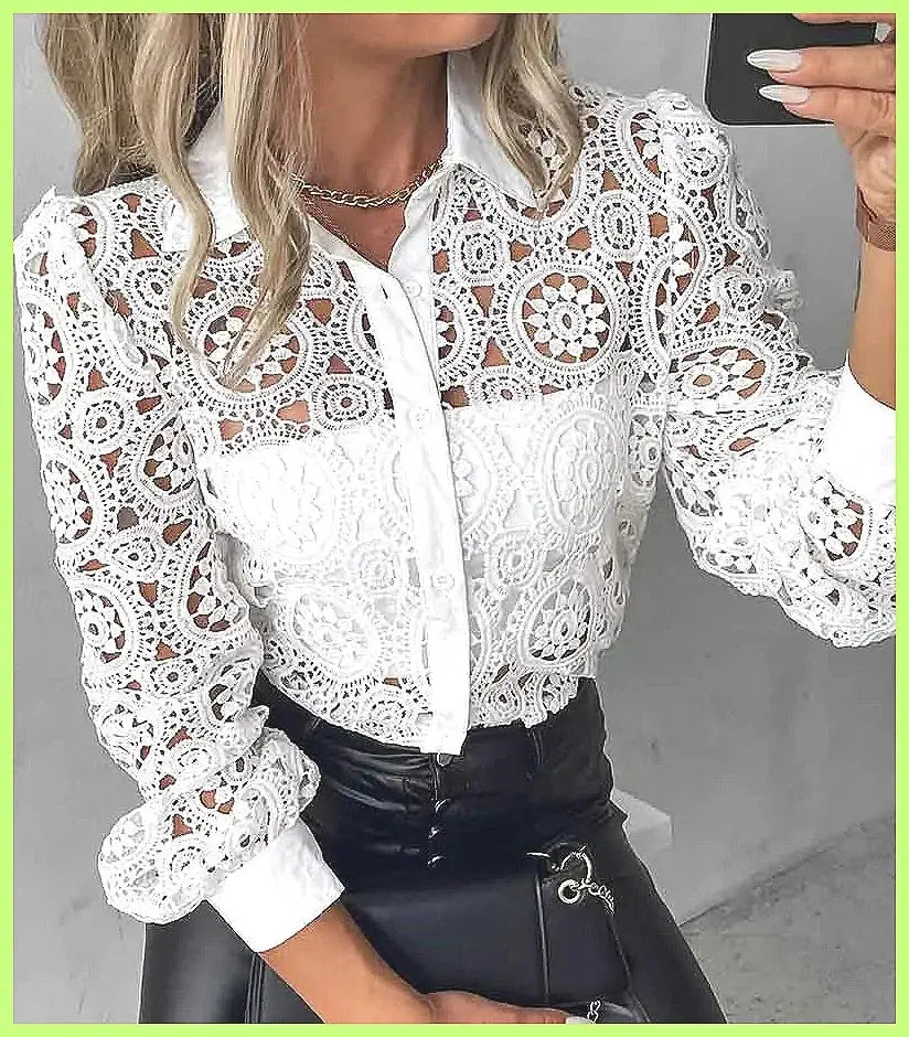 2025 Women's White Lace Shirt, Elegant Hollow Out Vintage Top Long Sleeve Blouse Aurexia off