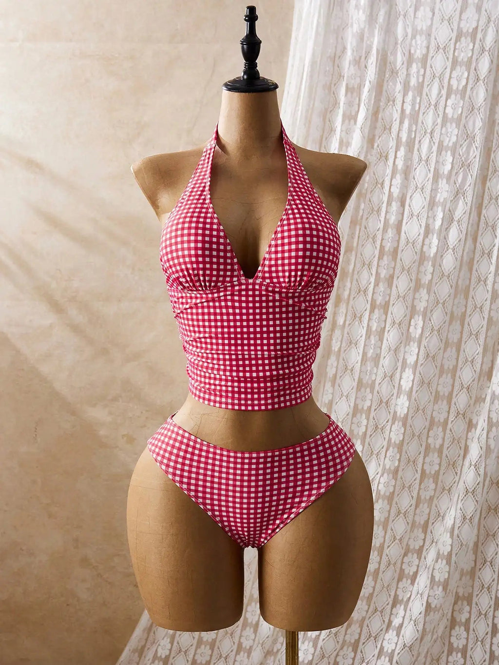 Women's Polka Dot And Gingham Halter Neck Tankini Set With Ruffled Skirt For Beach Vacation Aurexia off