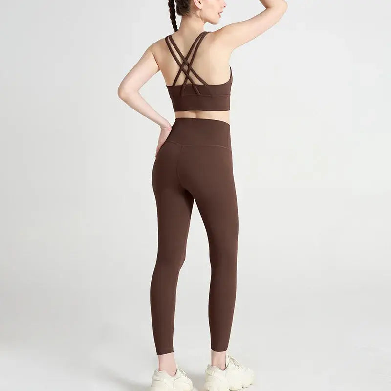 Classic women's yoga suit 2 piece set cross sling bra vest, butter touch stretch leggings gym workout dance sports suit Aurexia off