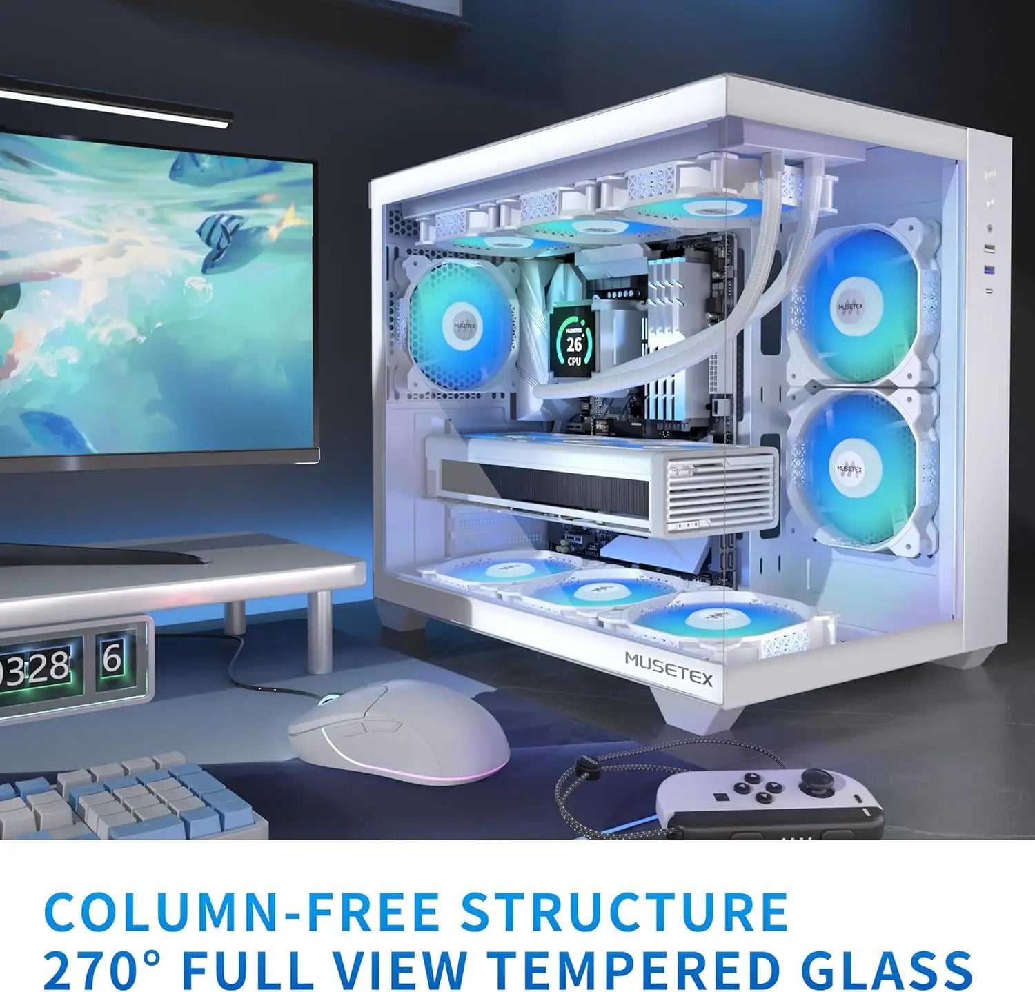 ATX PC Case with 6 PWM ARGB Fans, 360mm Radiator Support, Type-C Port, Full View Tempered Glass Mid Tower in White Aurexia off