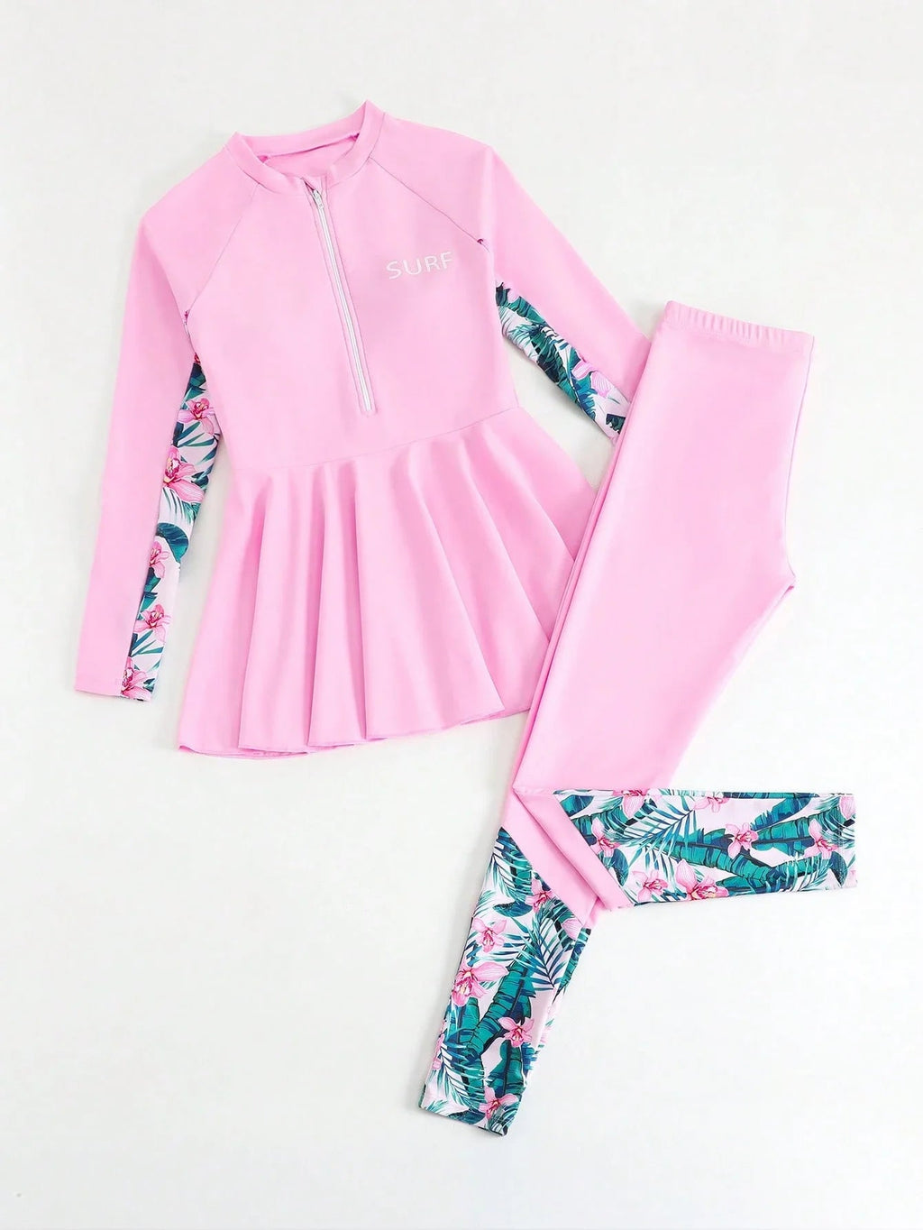 Pink Tropical Print Patchwork Rash Guard Set For Women Beach Vacation Swimwear Aurexia off