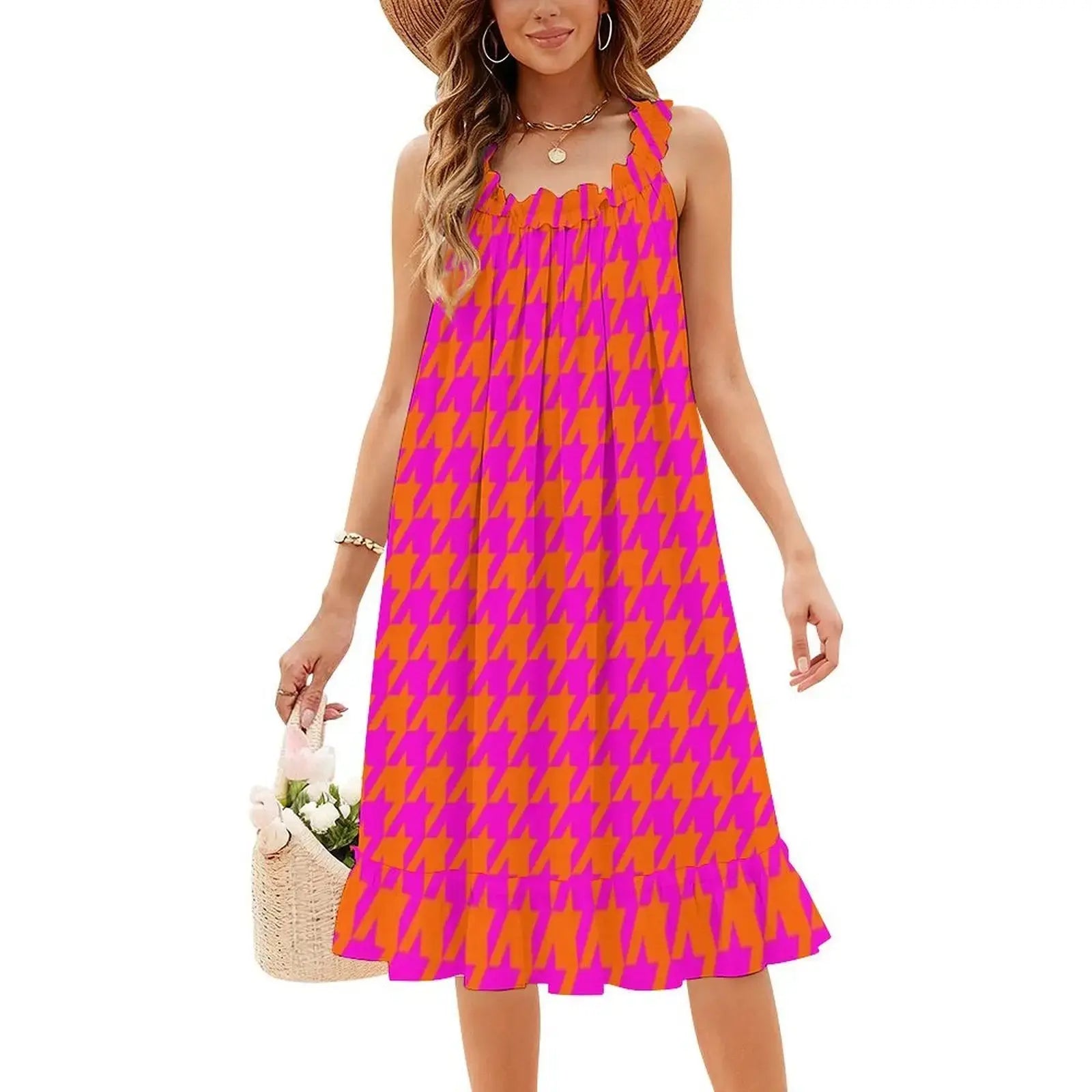 Pink & Orange Houndstooth Preppy Style Mini Dress For Women A-Line Loose Fit Casual Day Dress Large Houndstooth Dogstooth Pink Aurexia off