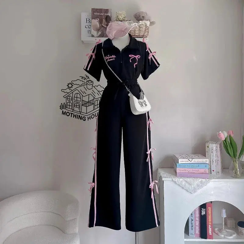 Sweet Suit Women's Summer New Bow-tie Printed POLO Shirt Short-sleeved Wide-leg Trousers Two-piece Set Aurexia off