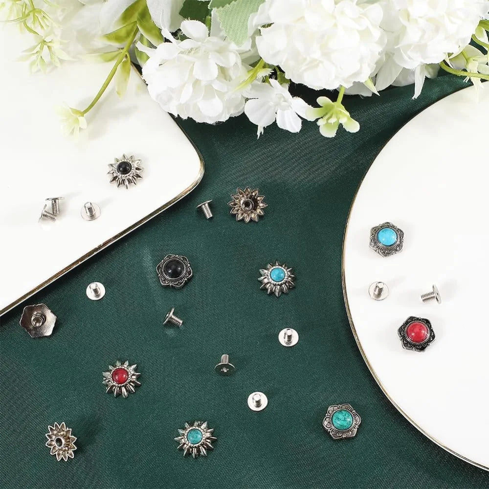 24 Sets 8 Styles Western Screw Back Buttons 13mm Conchos Turquoise Cowboy Vintage Flower Decorative Leather Buckles Natural Aurexia off
