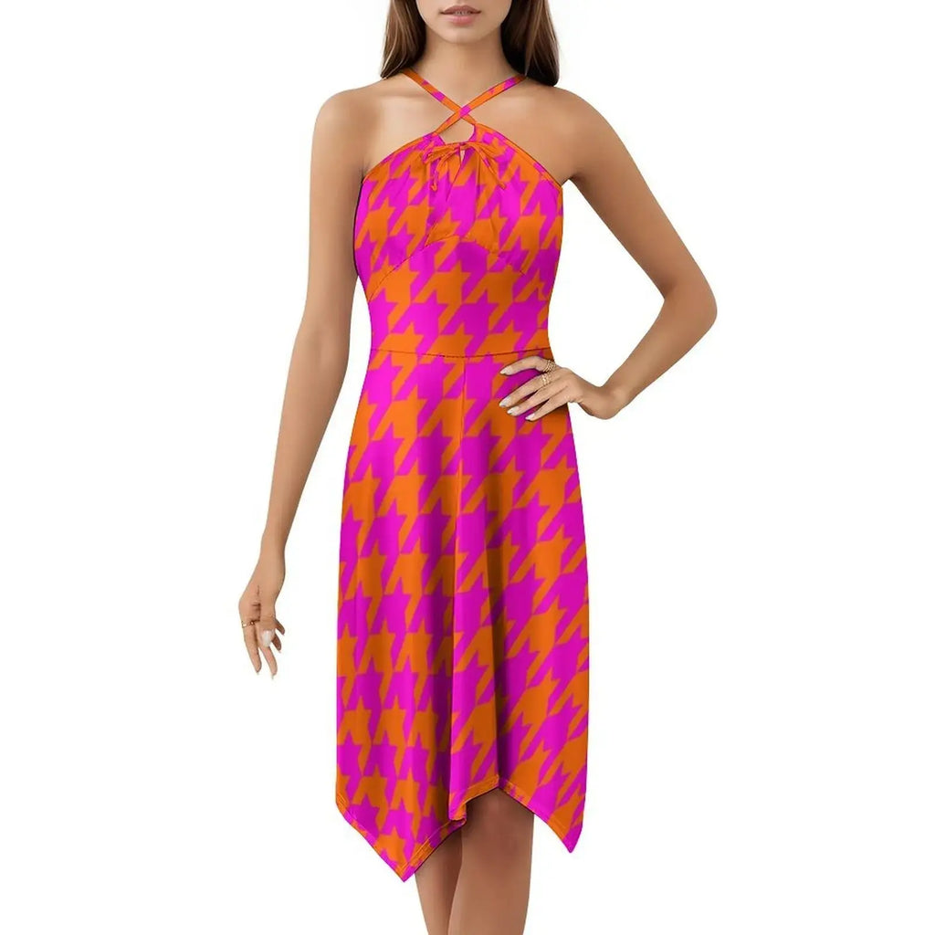 Pink & Orange Houndstooth Preppy Style Mini Dress For Women A-Line Loose Fit Casual Day Dress Large Houndstooth Dogstooth Pink Aurexia off