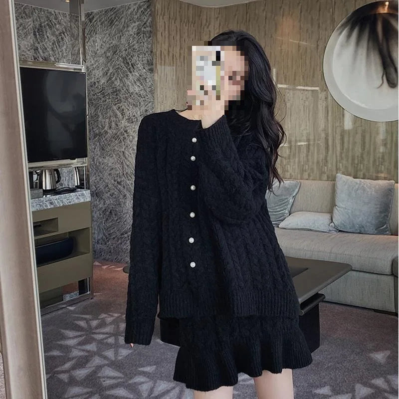 PremiumKoreanWinterStyle Set Thick Textured Knit Set Cozy Oversized Pullover Set Fashionable Pleated MiniSkirt Outfit Aurexia off