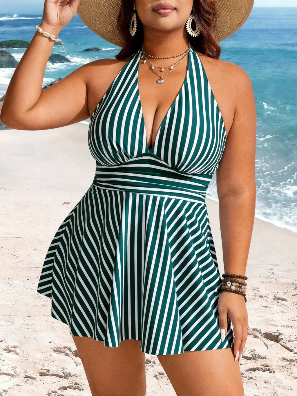 Plus Size Green White Striped Halter Tankini With Ruched Waist And Flared Skirted Bottom For Beach Resort Style Aurexia off