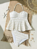 Blue Floral Tankini Set With Halter Neck And Ruffle Hem For Women Aurexia off