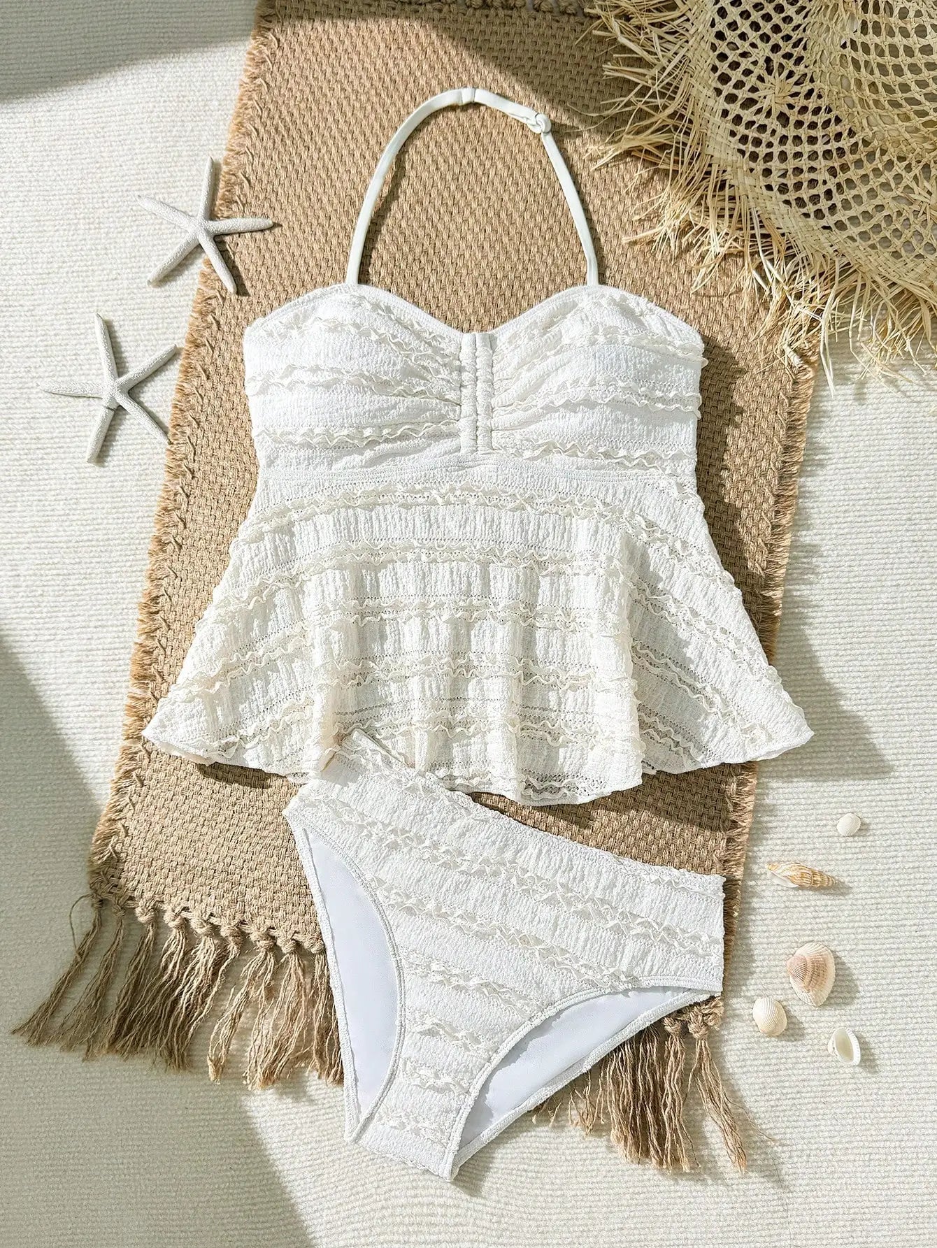Blue Floral Tankini Set With Halter Neck And Ruffle Hem For Women Aurexia off