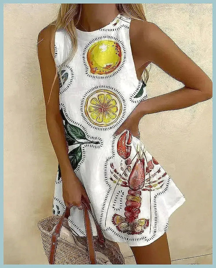 Women's Pineapple Print Sleeveless Dress - Casual Beach Vacation Party Dress for Summer Aurexia off