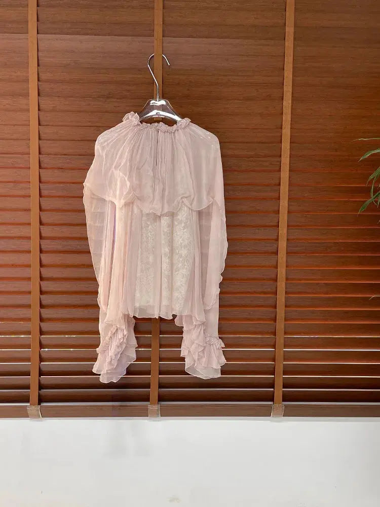 Lace ruffled loose top, stylish and high-end, versatile pink tops for women in 2026 summer collection Aurexia off