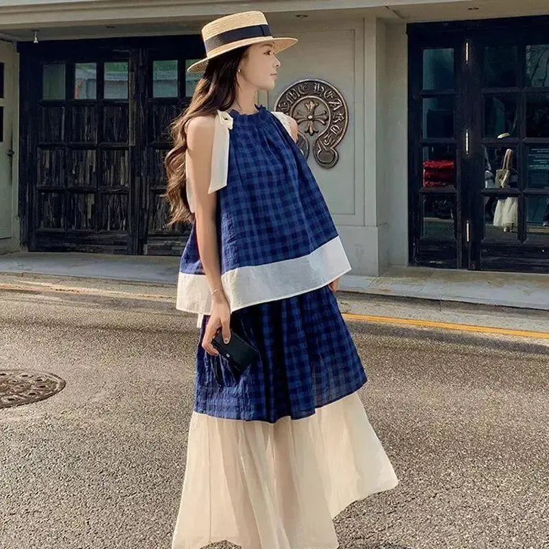 Women's Blue Plaid Two Piece Set Sleeveless Halter Top with Tulle Skirt Casual Loose Summer Outfit Beach Vacation Bohemian Suit Aurexia off
