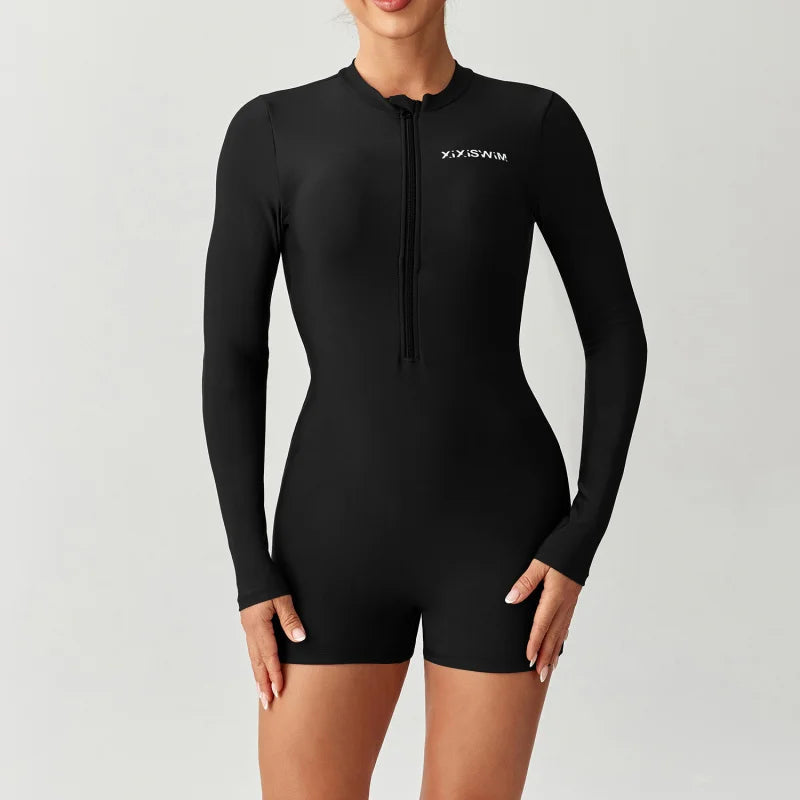 Women's Long Sleeve One-Piece Swimsuit, New Style Square Cut Bikini Bottoms, Conservative Dive Suit Swimwear for Ladies Aurexia off