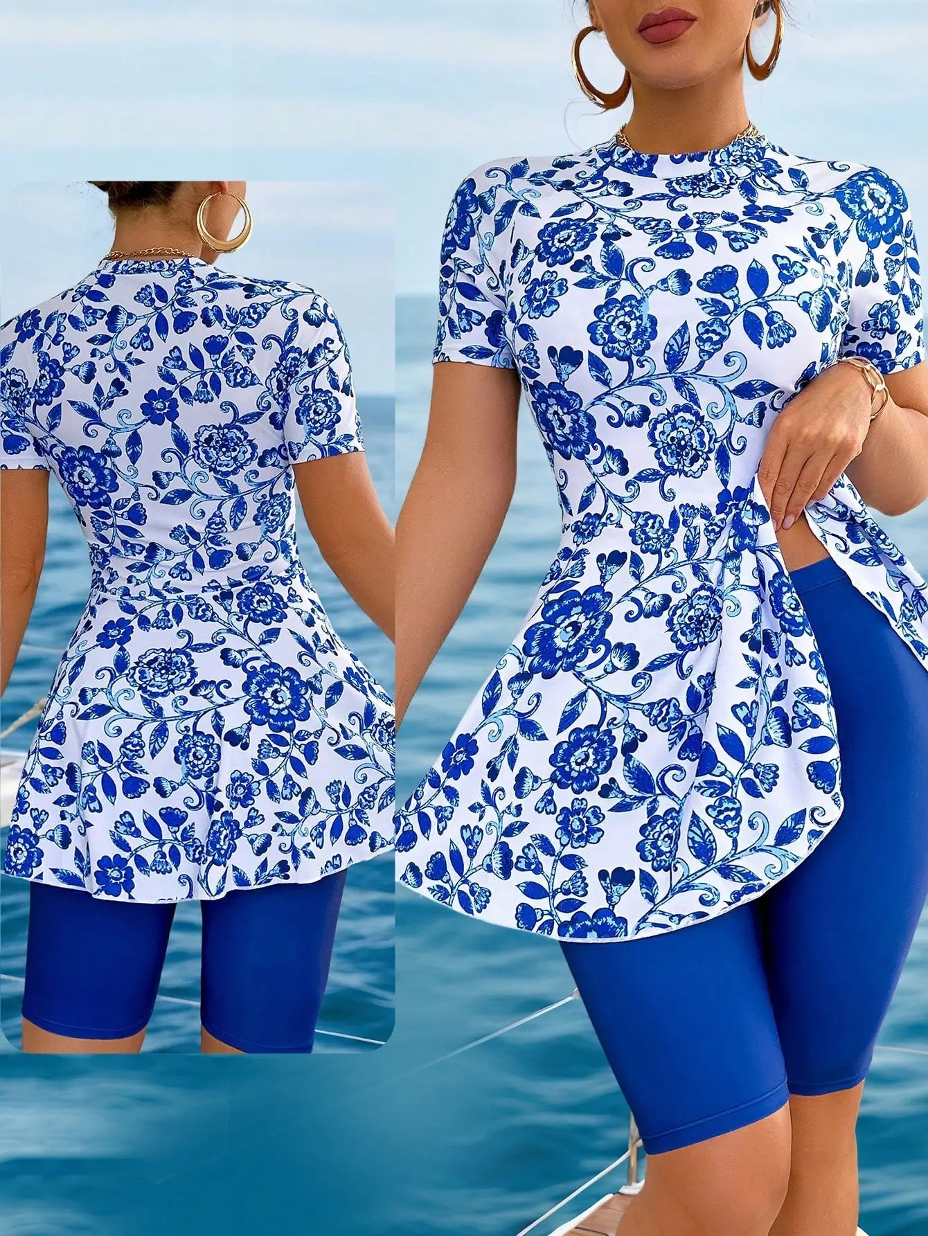 Elegant Blue And White Chinoiserie Print Peplum Jacket With Wide Leg Pants Two Piece Set For Beach Summer Holiday Aurexia off