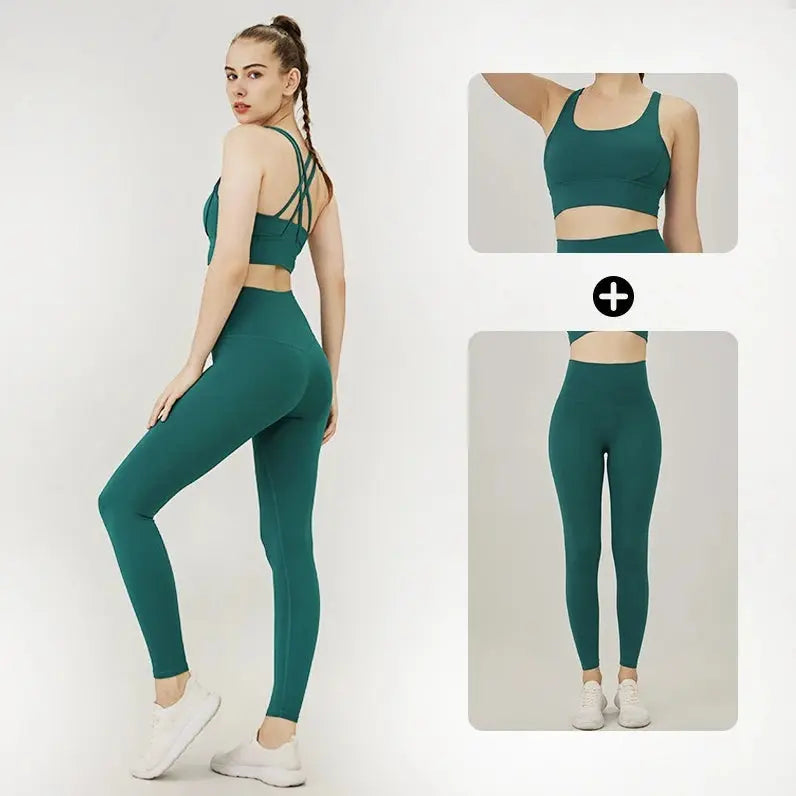 Classic women's yoga suit 2 piece set cross sling bra vest, butter touch stretch leggings gym workout dance sports suit Aurexia off