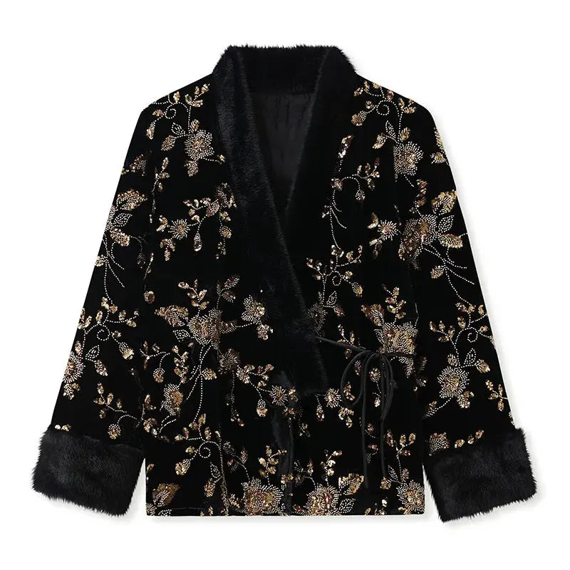 New Chinese Style Winter Women's Clothing, High-end V-neck New Chinese Style Gold Bead Embroidered Cotton Jacket Coat Outerwear Aurexia off