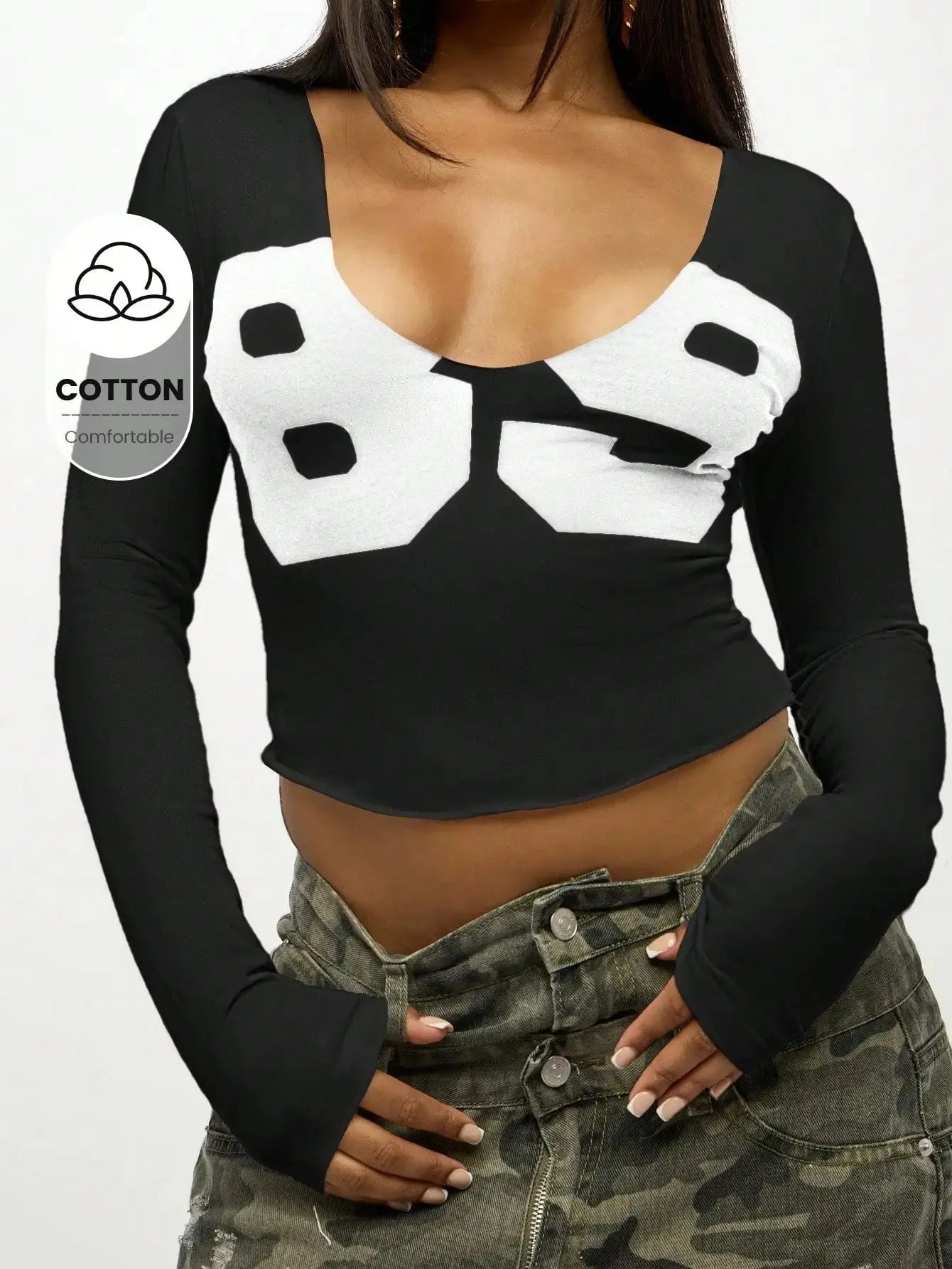 Women Long Sleeve Crop Top Graphic Print V Neck Fitted Cotton Casual Tee Aurexia off