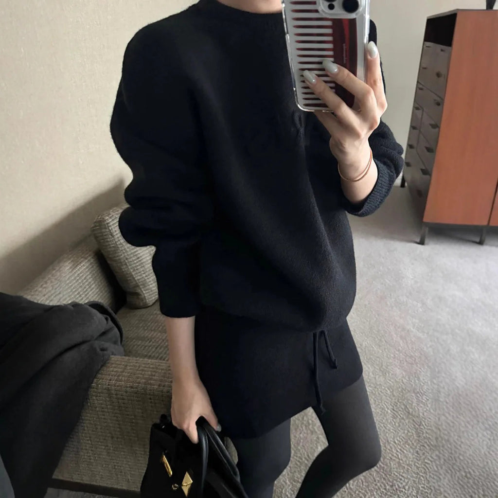 Casual Two-Piece Set Letter Embossed Pullover Outfit Long Sleeve Knit Skirt Set Mini Bodycon Wool Co-Ord For Women Cozy Warm Aurexia off