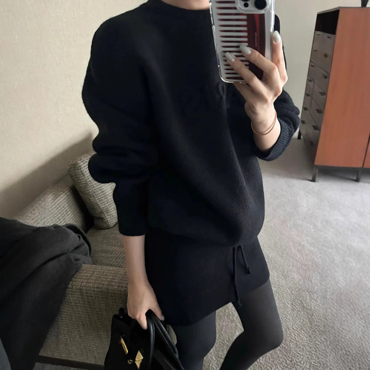 Casual Two-Piece Set Letter Embossed Pullover Outfit Long Sleeve Knit Skirt Set Mini Bodycon Wool Co-Ord For Women Cozy Warm Aurexia off