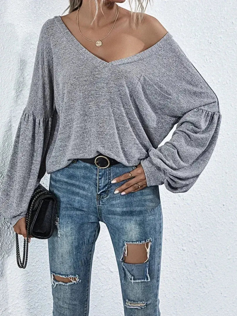 Women's V-neck Solid Color T-shirt Ladies Casual Open Back Pocket Lantern Sleeve Fashion Long Sleeve T-shirt Top Aurexia off