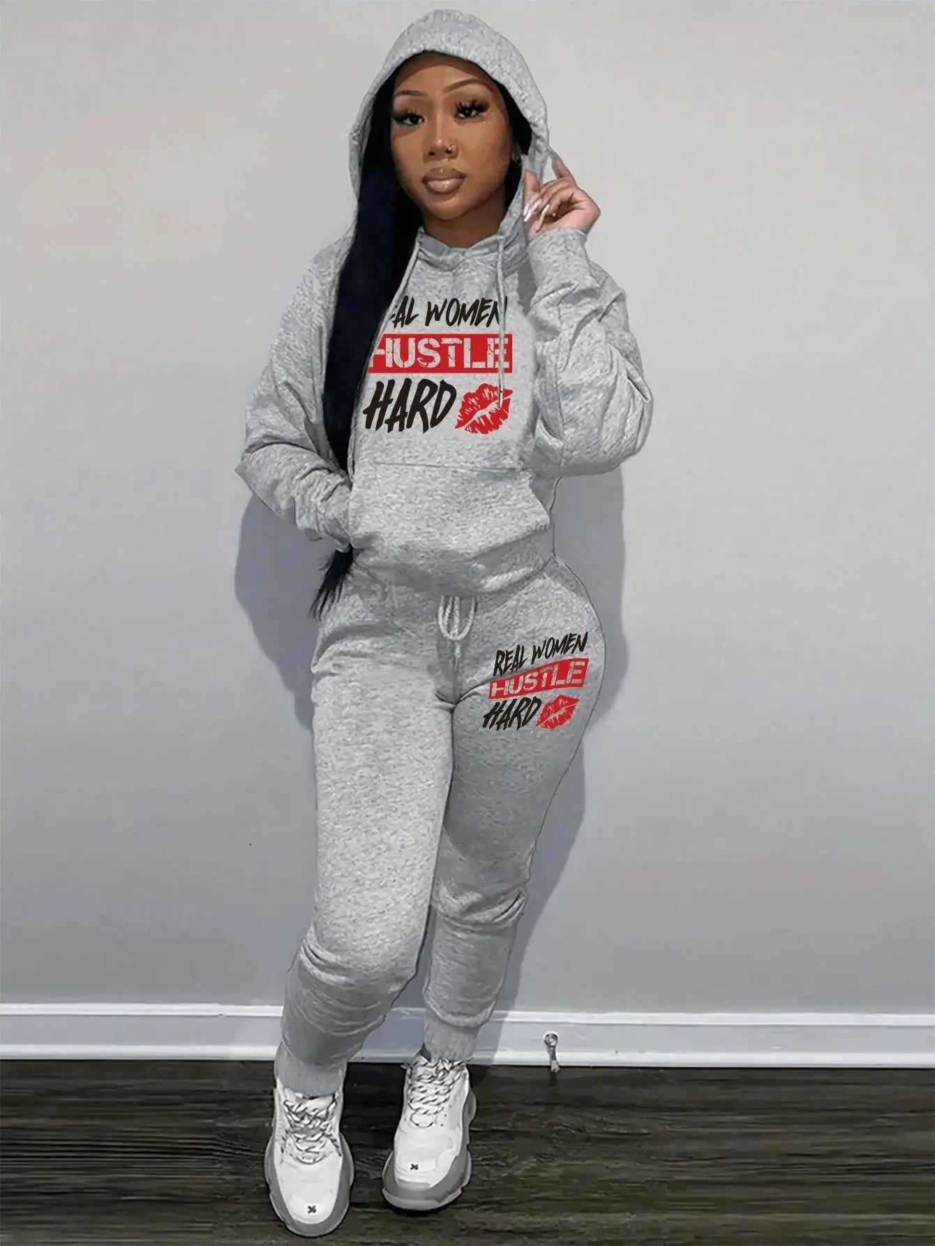 Real Women Hustle Hard Hoodie Sweatpants Set Gray Casual Sportswear Aurexia off
