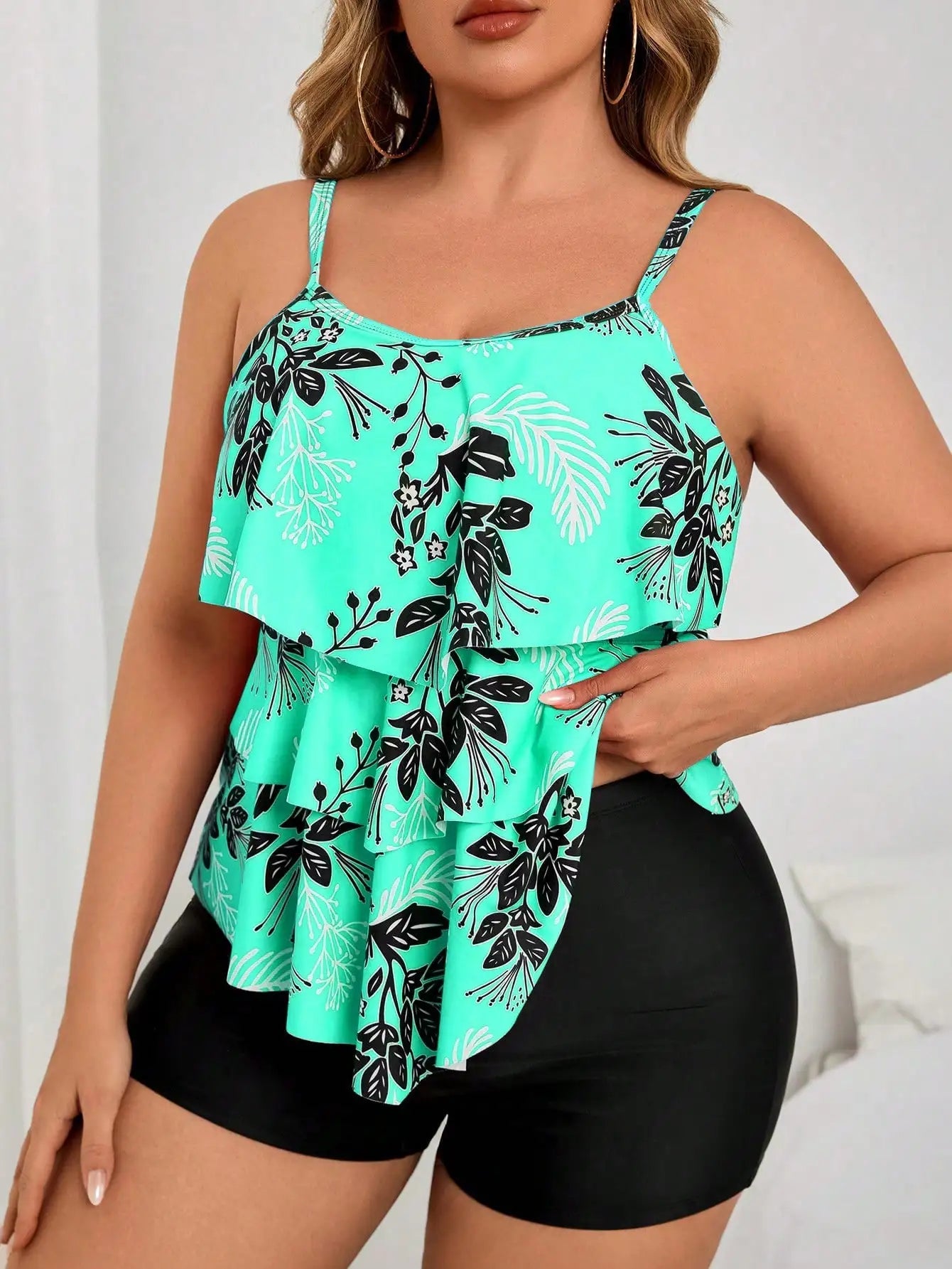 Coral Floral Print Ruffle Layered Crop Top With Solid Black Boyshorts Two Piece Plus Size Swimwear Set Aurexia off
